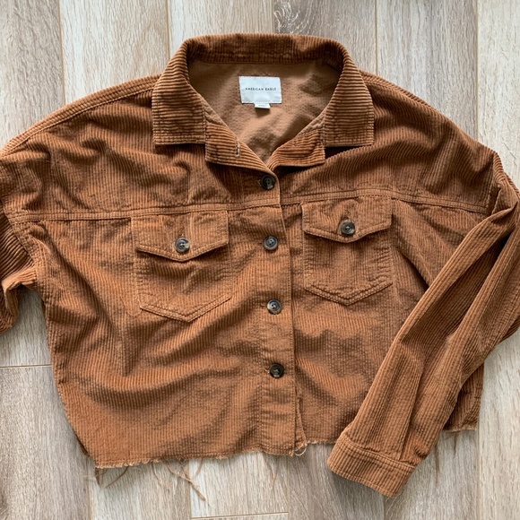 American Eagle Brown/Tan Corduroy Cropped Button Down Shirt with Raw Hem - XS/S - Picture 1 of 7